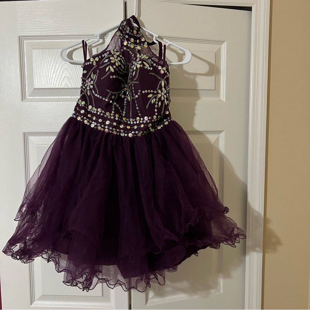 Women’s Beaded Cocktail/Homecoming/ Prom Dress with Halter Top- Dark purple